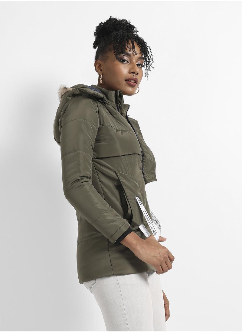 Women's Olive Green Long Puffer Jacket With Fur Detail