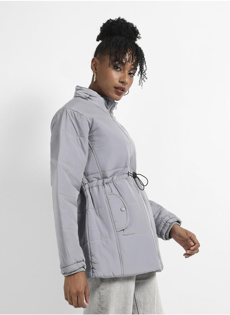 Women's Light Grey Detachable Hood Puffer Jacket With Fur Details