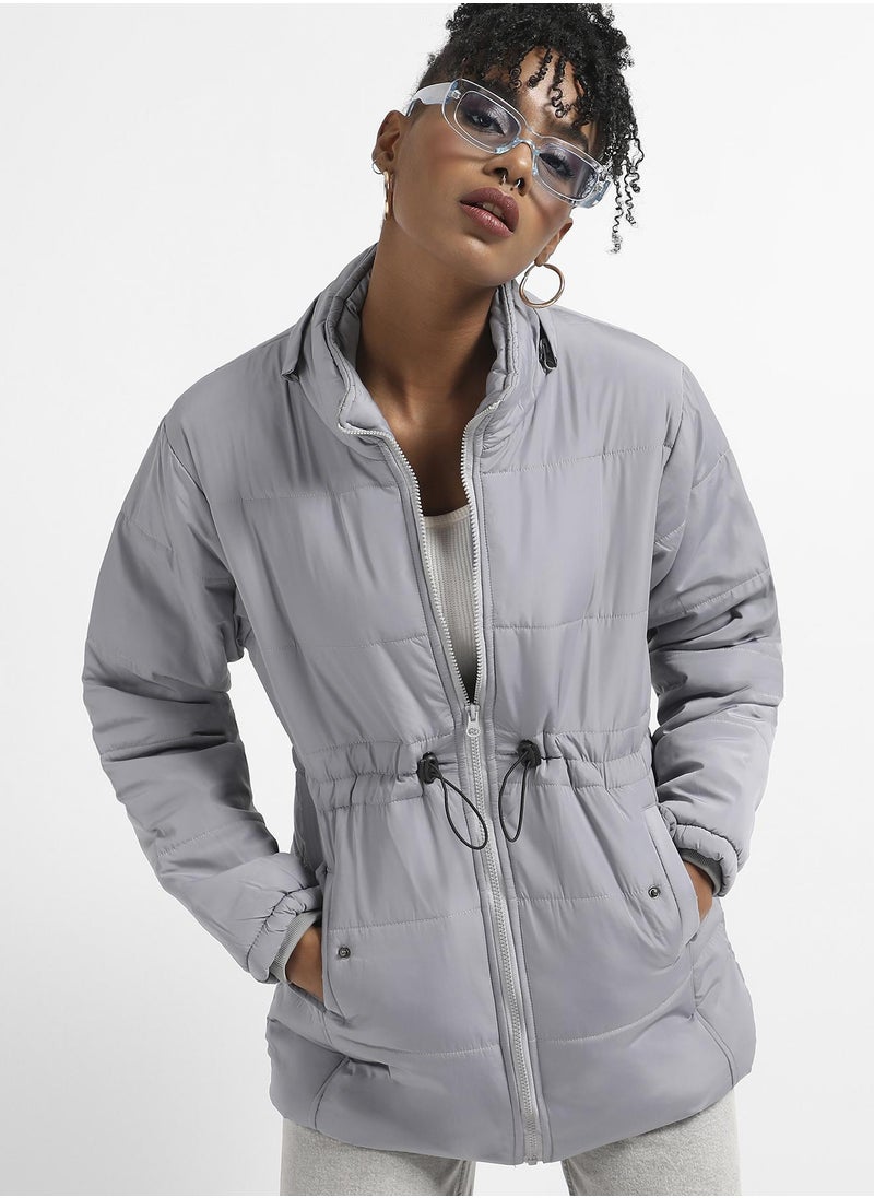 Women's Light Grey Detachable Hood Puffer Jacket With Fur Details