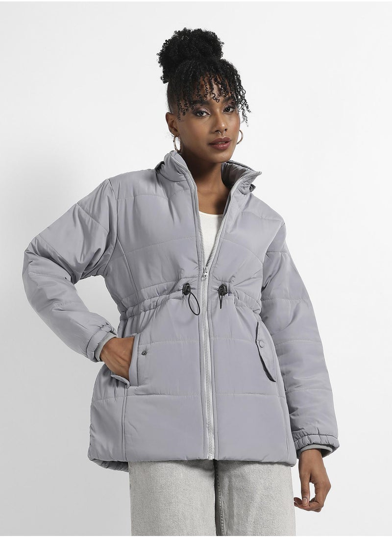 Women's Light Grey Detachable Hood Puffer Jacket With Fur Details