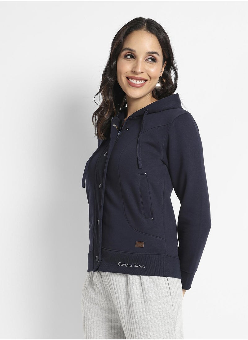 Women's Navy Blue Hooded Jacket With Angled Open Pockets