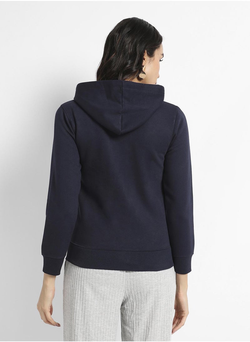 Women's Navy Blue Hooded Jacket With Angled Open Pockets