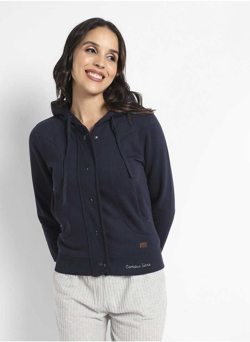 Women's Navy Blue Hooded Jacket With Angled Open Pockets