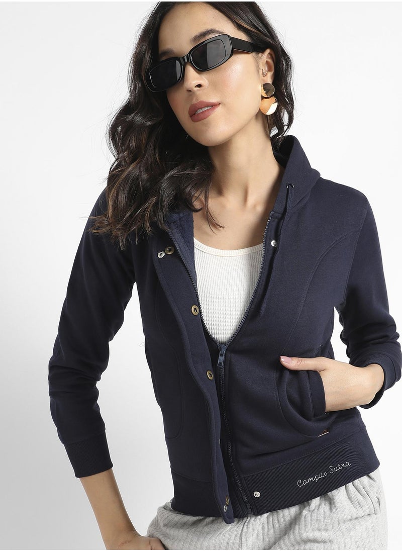 Women's Navy Blue Hooded Jacket With Angled Open Pockets