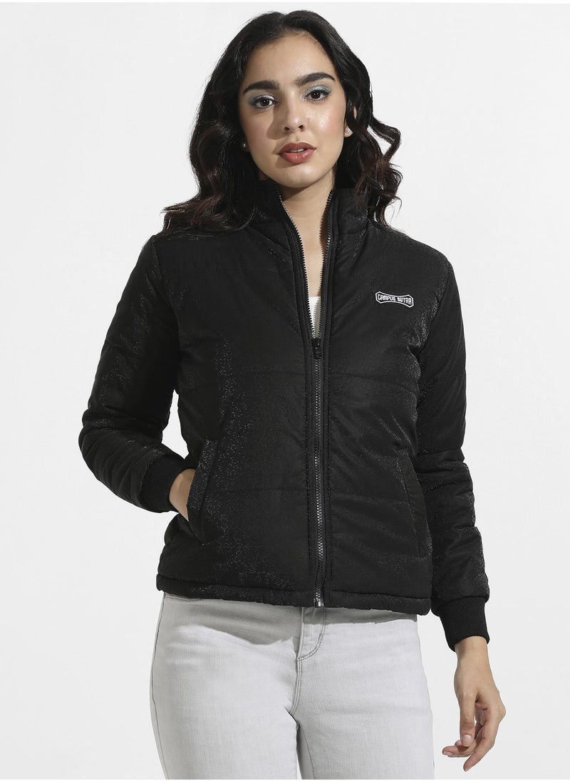 Women's Black Zip-Front Bomber Jacket With Insert Pockets