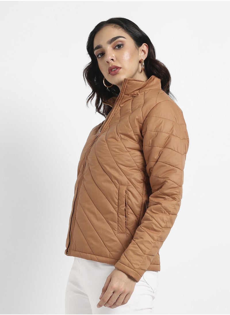 Women's Brown Quilted Puffer Jacket With Zip Closure