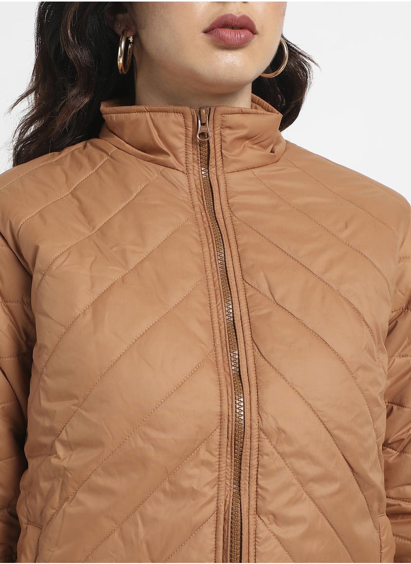 Women's Brown Quilted Puffer Jacket With Zip Closure