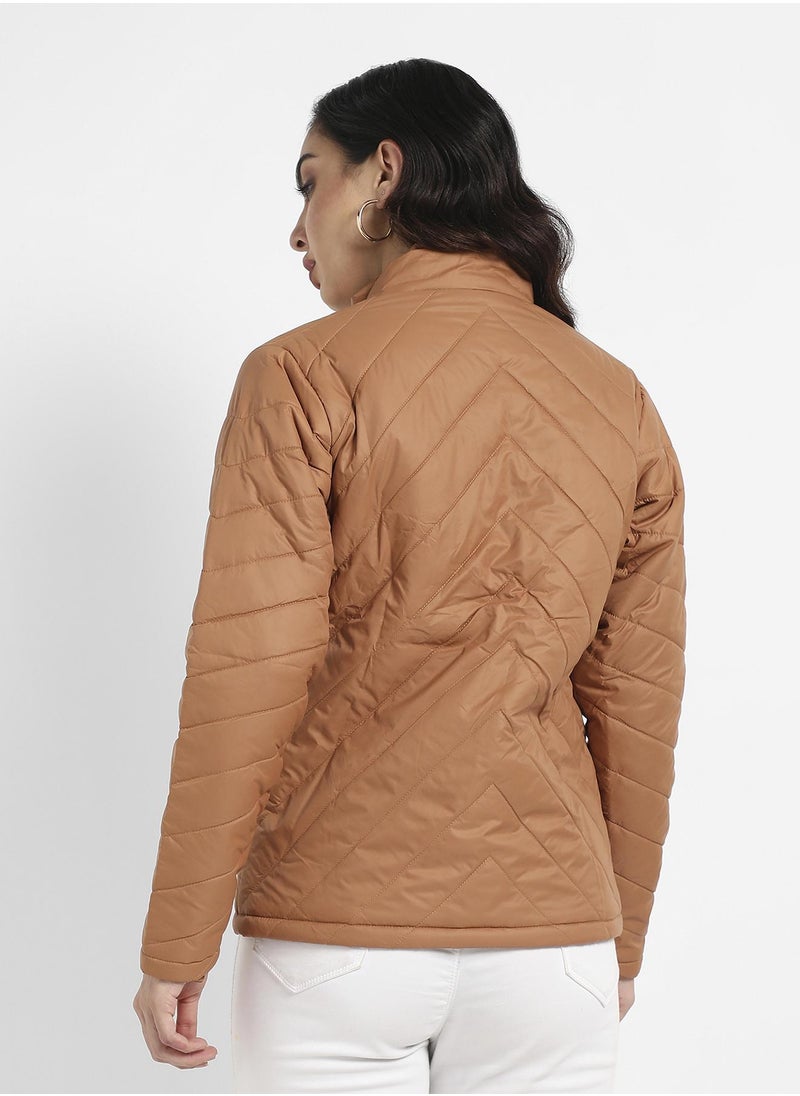 Women's Brown Quilted Puffer Jacket With Zip Closure