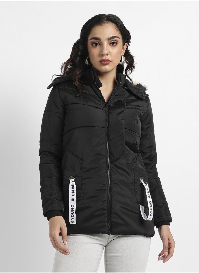 Women's Black Zip-Front Puffer Jacket With Fur Detail