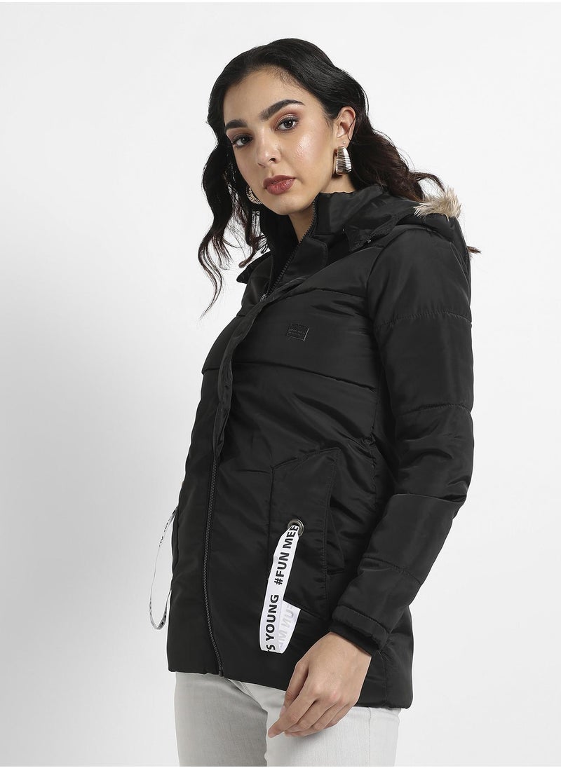 Women's Black Zip-Front Puffer Jacket With Fur Detail