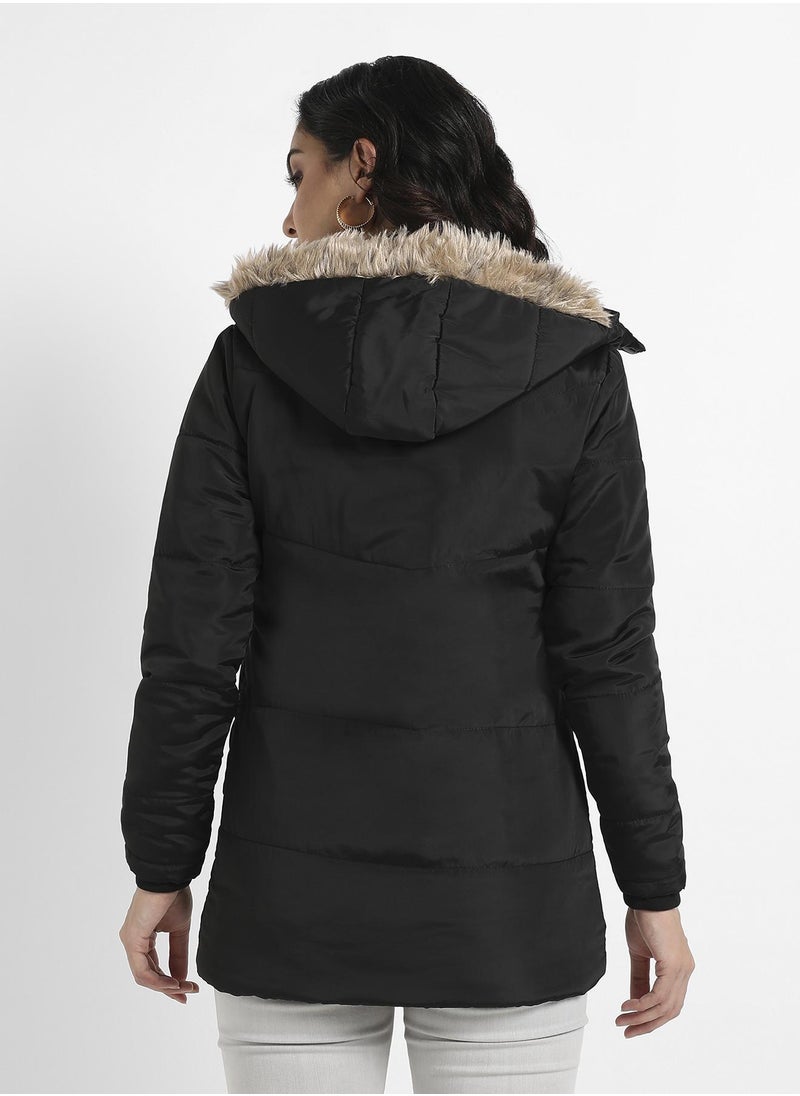 Women's Black Zip-Front Puffer Jacket With Fur Detail