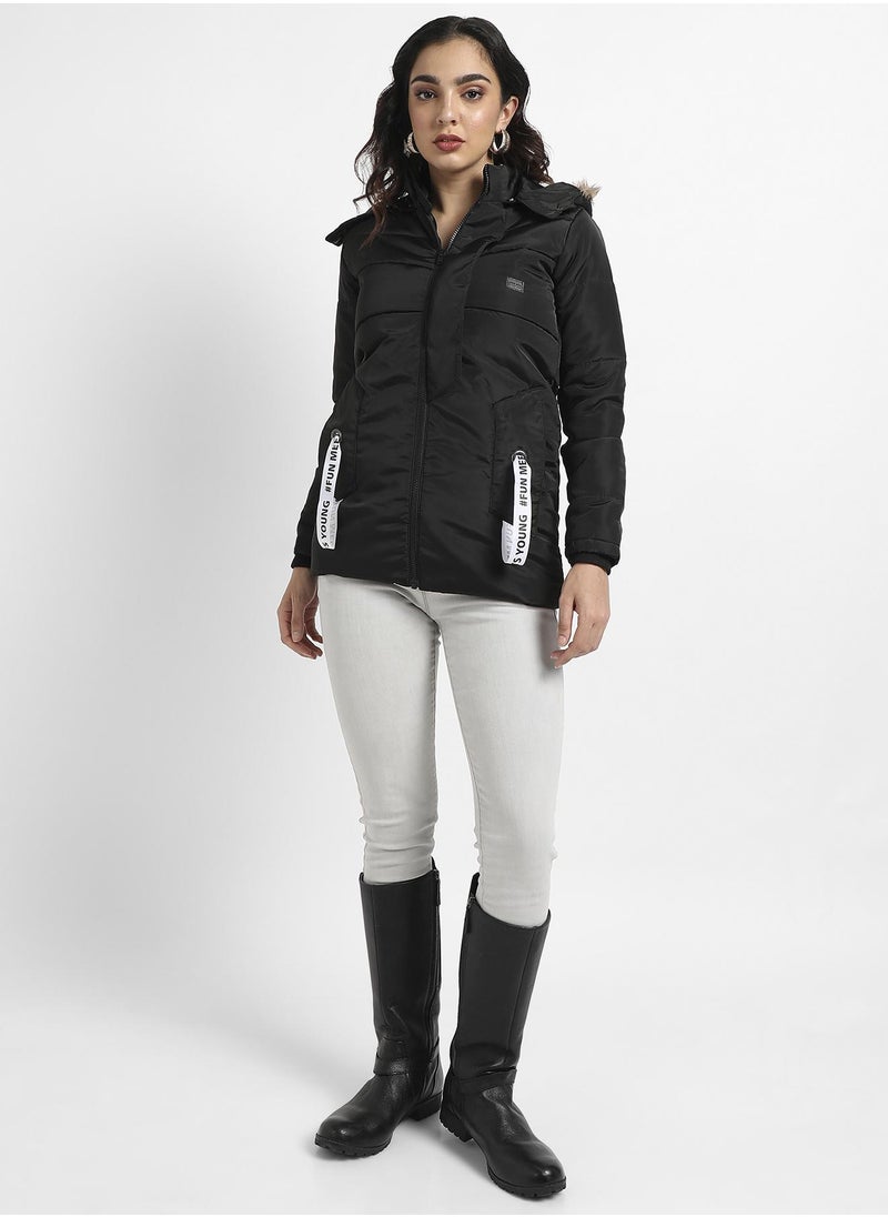 Women's Black Zip-Front Puffer Jacket With Fur Detail