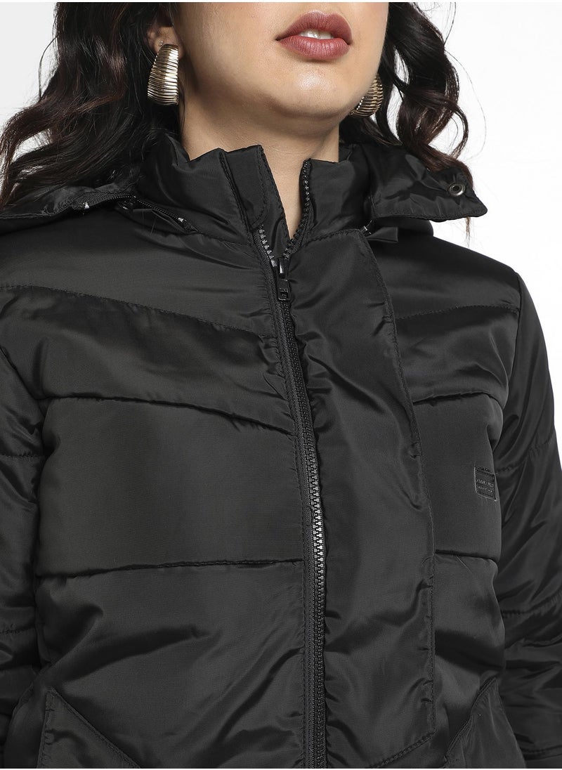 Women's Black Zip-Front Puffer Jacket With Fur Detail