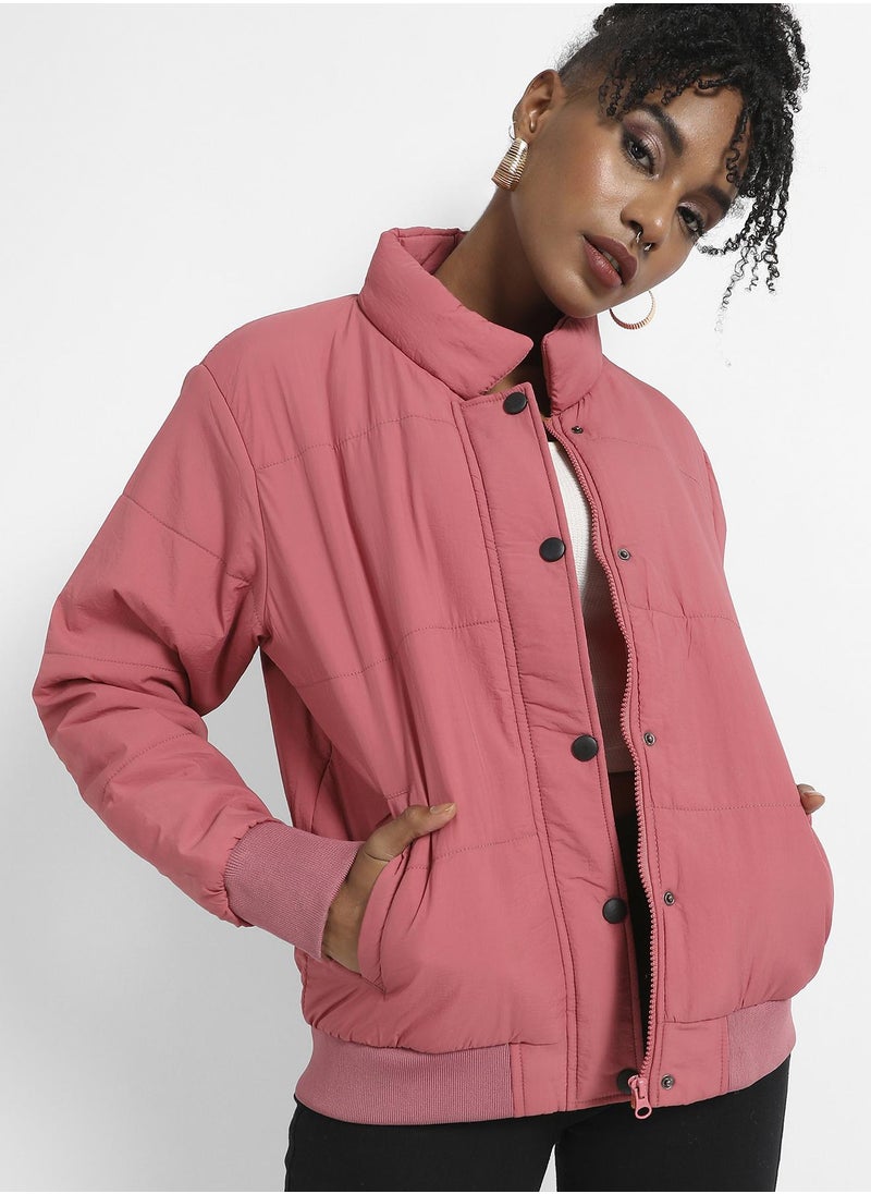 Women's Blush Pink Puffer Jacket With Ribbed Hem