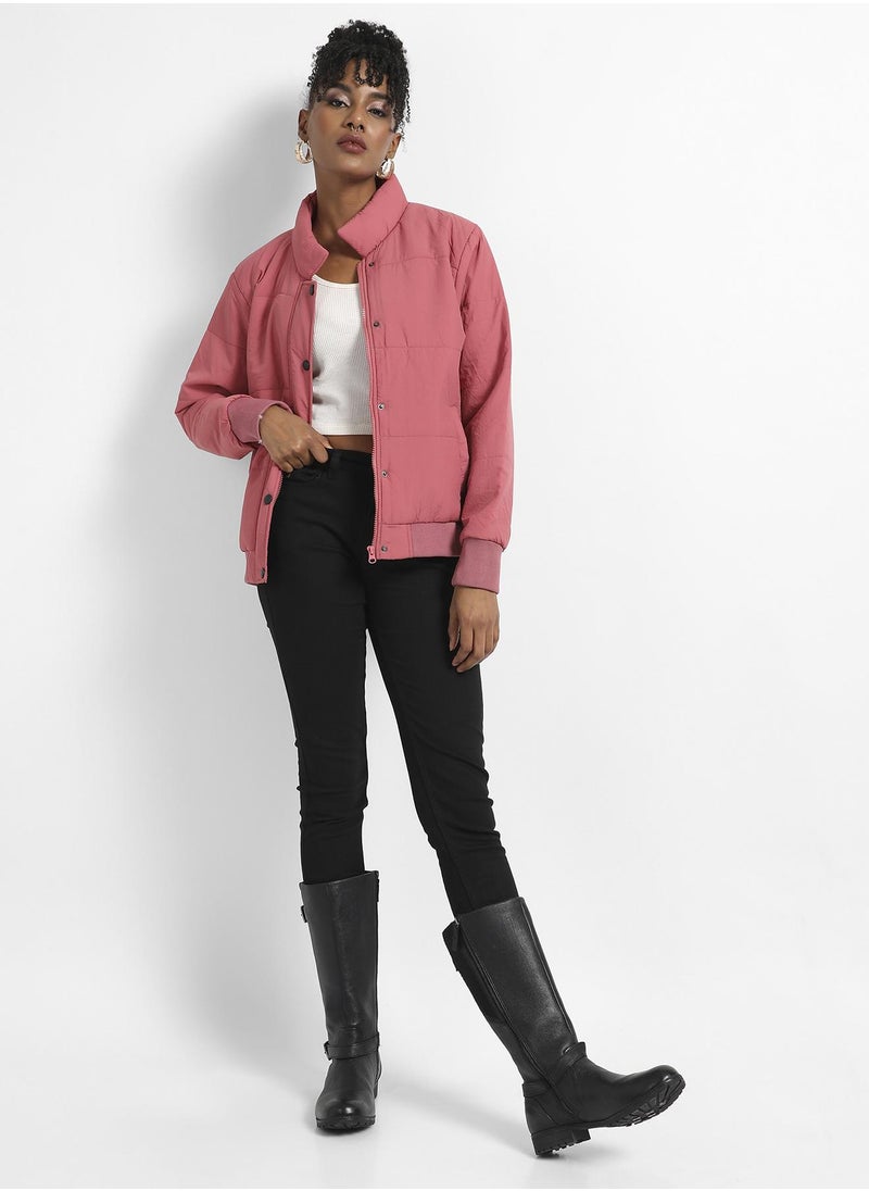 Women's Blush Pink Puffer Jacket With Ribbed Hem