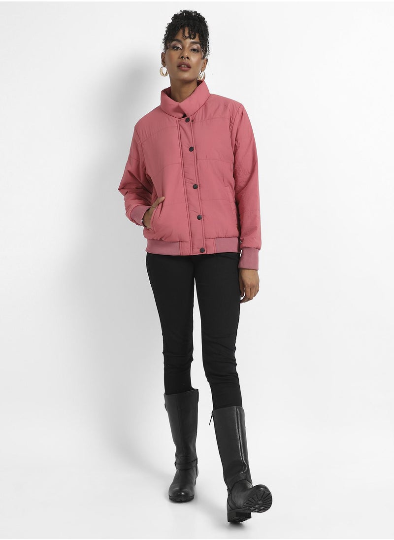 Women's Blush Pink Puffer Jacket With Ribbed Hem