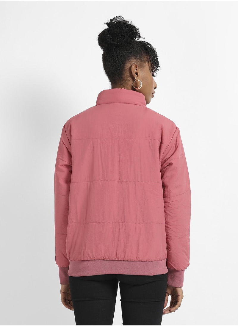 Women's Blush Pink Puffer Jacket With Ribbed Hem