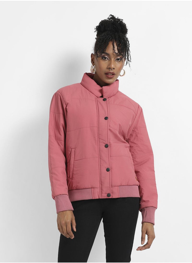 Women's Blush Pink Puffer Jacket With Ribbed Hem