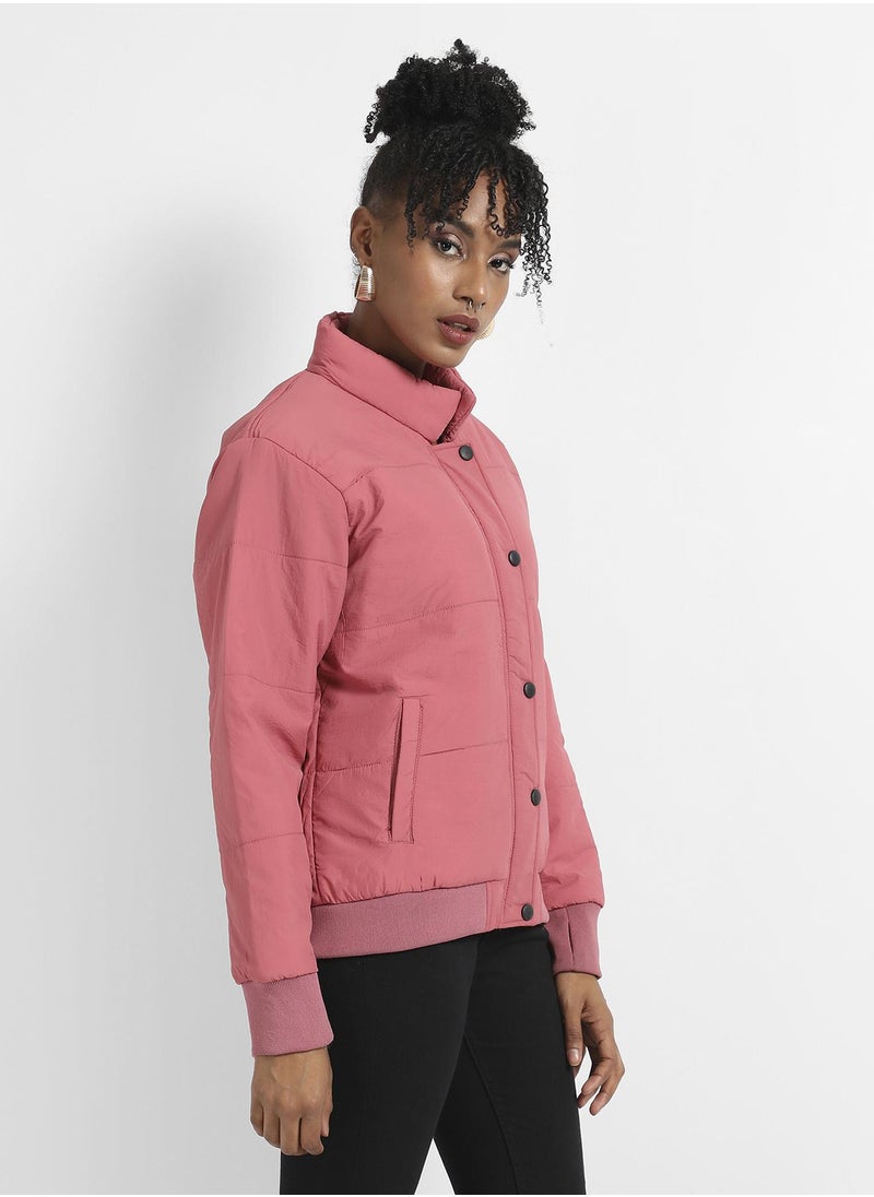 Women's Blush Pink Puffer Jacket With Ribbed Hem