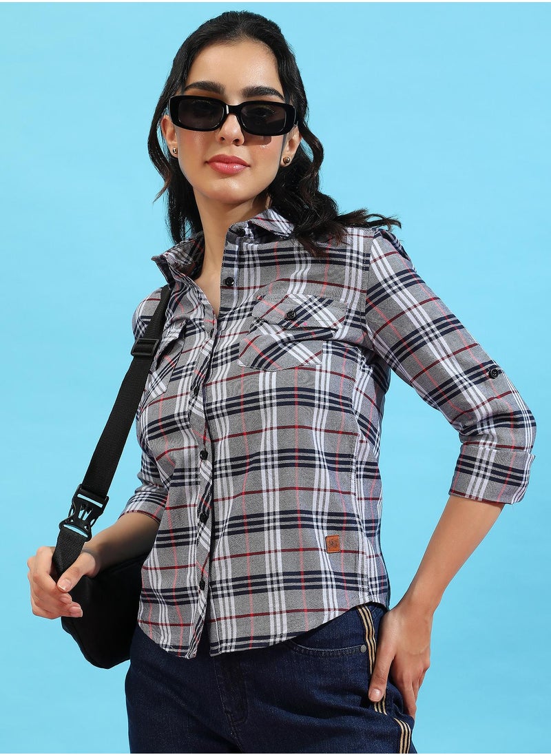 Campus Sutra Women's Grey Tartan Plaid Shirt