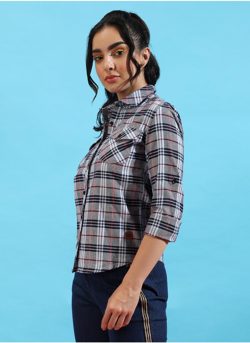 Campus Sutra Women's Grey Tartan Plaid Shirt