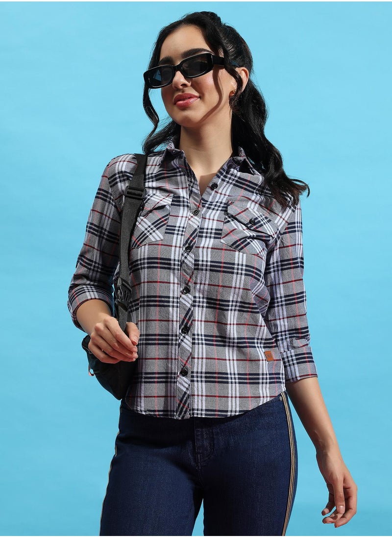 Campus Sutra Women's Grey Tartan Plaid Shirt