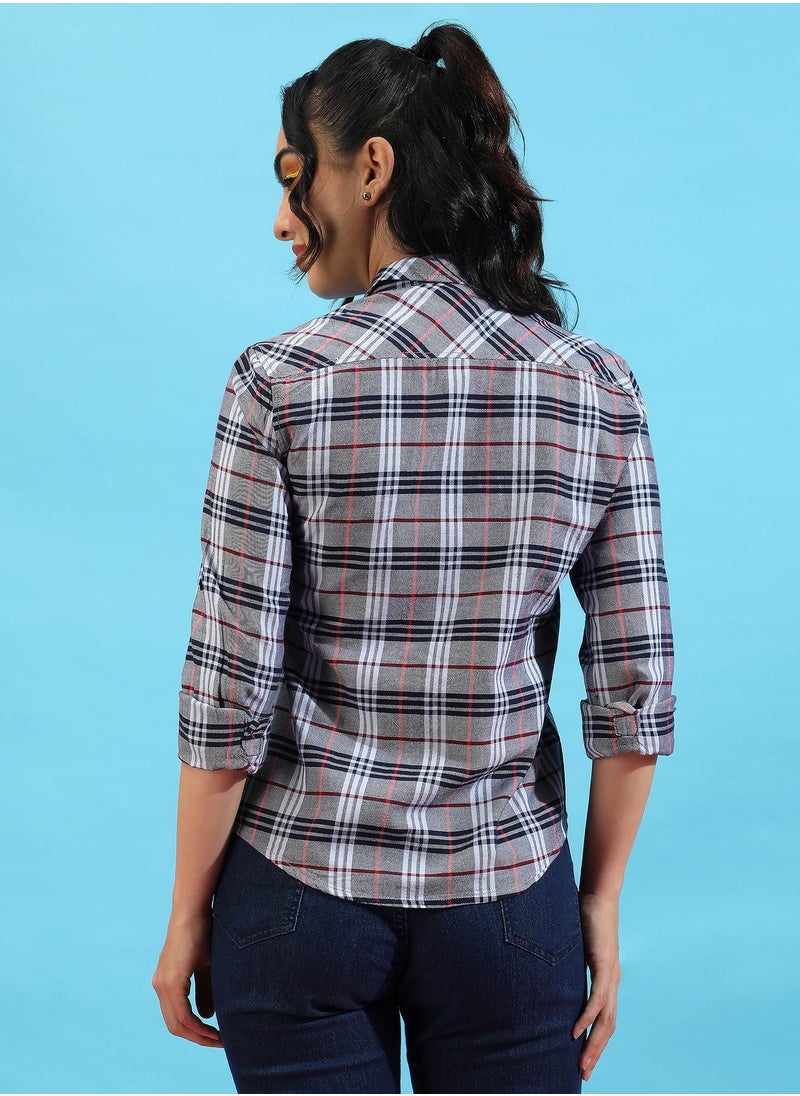 Campus Sutra Women's Grey Tartan Plaid Shirt