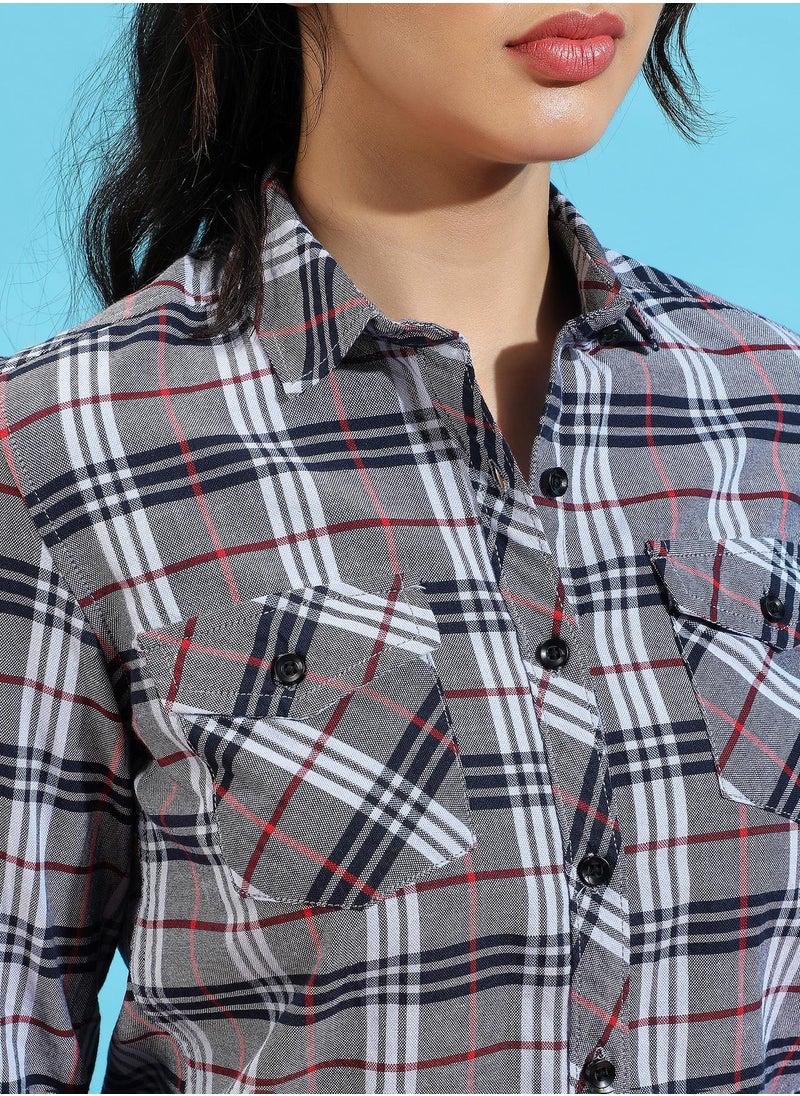 Campus Sutra Women's Grey Tartan Plaid Shirt