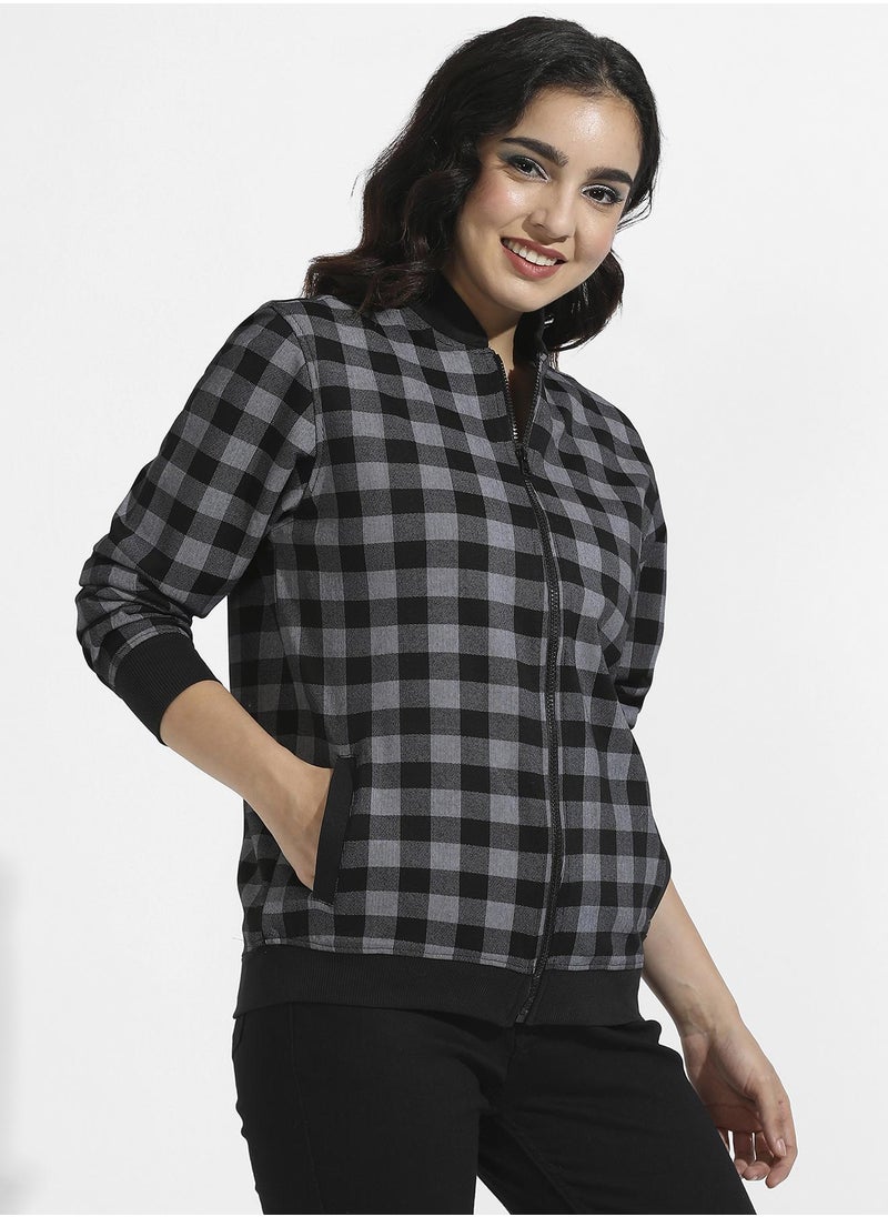 Women's Black Zip-Front Checkered Jacket With Ribbed Hem