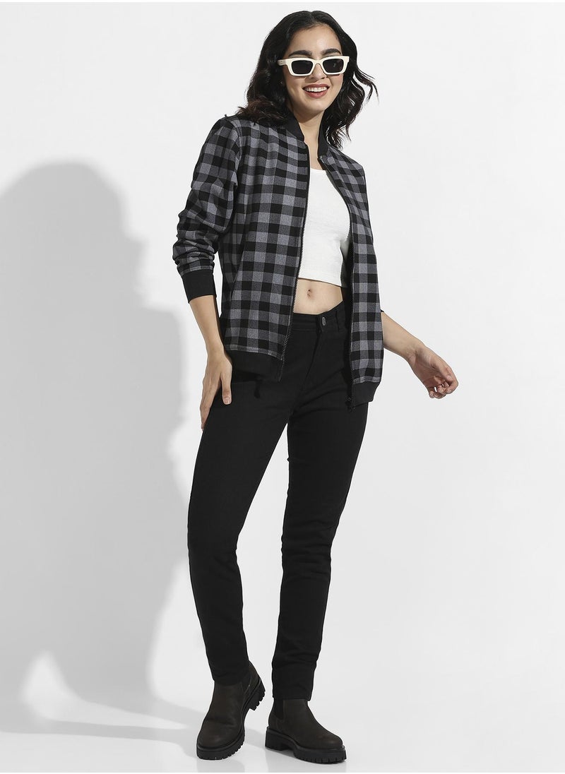 Women's Black Zip-Front Checkered Jacket With Ribbed Hem