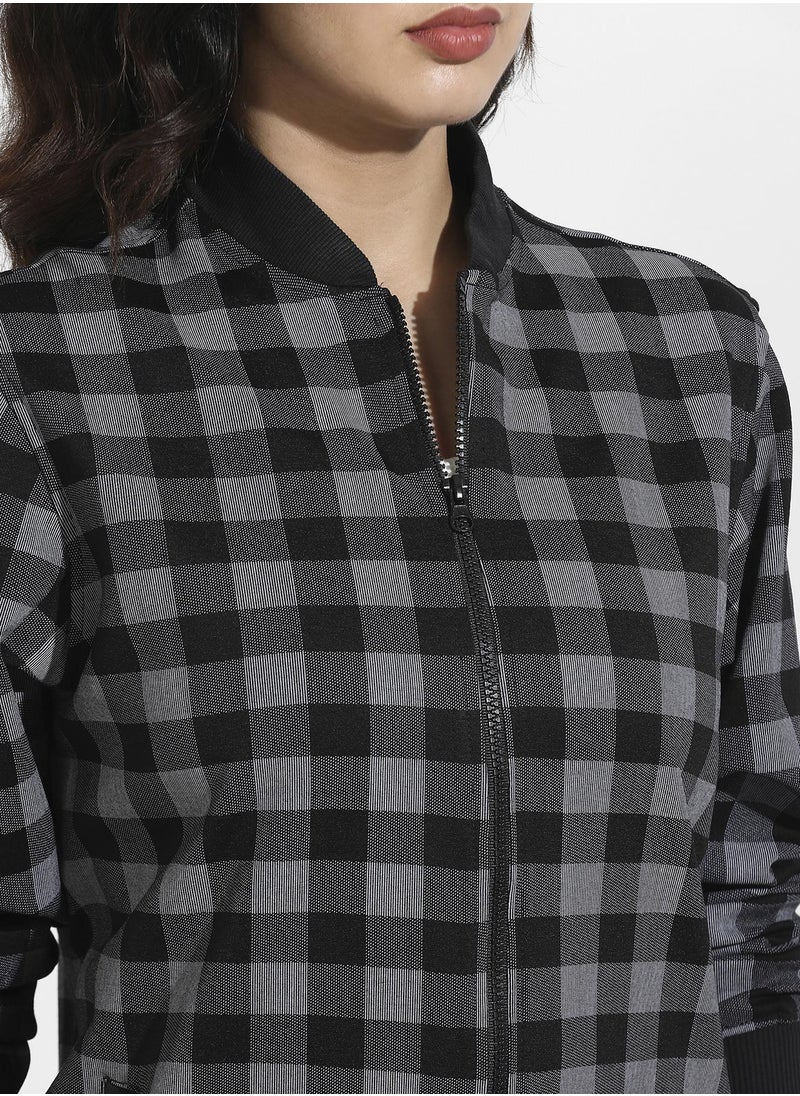 Women's Black Zip-Front Checkered Jacket With Ribbed Hem