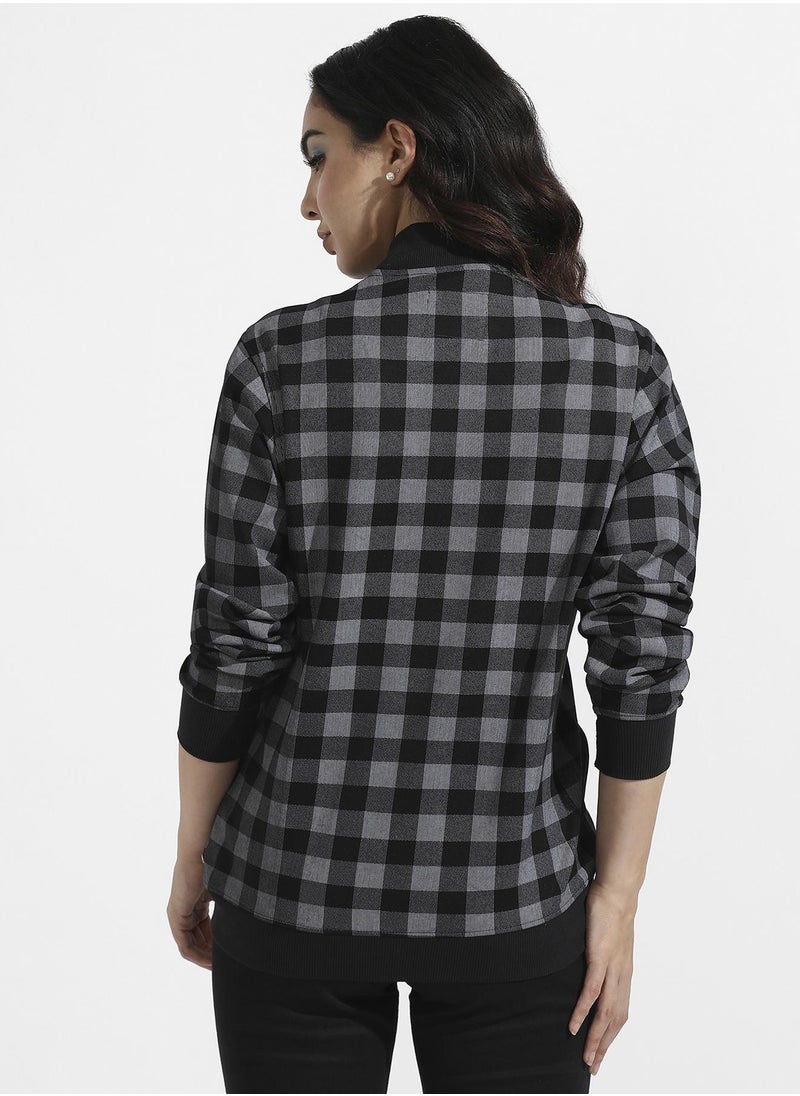 Women's Black Zip-Front Checkered Jacket With Ribbed Hem