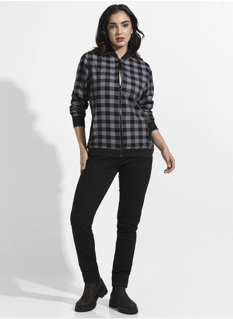 Women's Black Zip-Front Checkered Jacket With Ribbed Hem