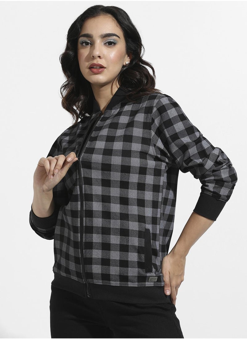 Women's Black Zip-Front Checkered Jacket With Ribbed Hem