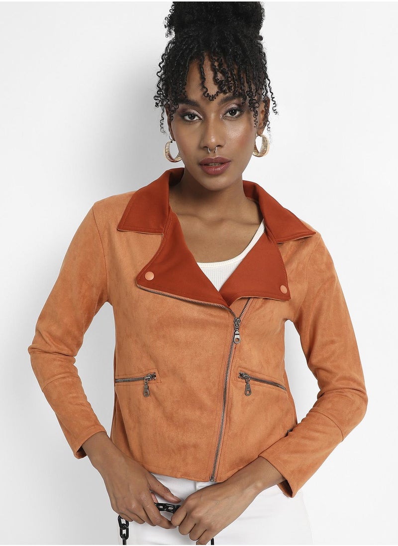 Women's Brown Zip-Front Biker Jacket With Contrast Collar