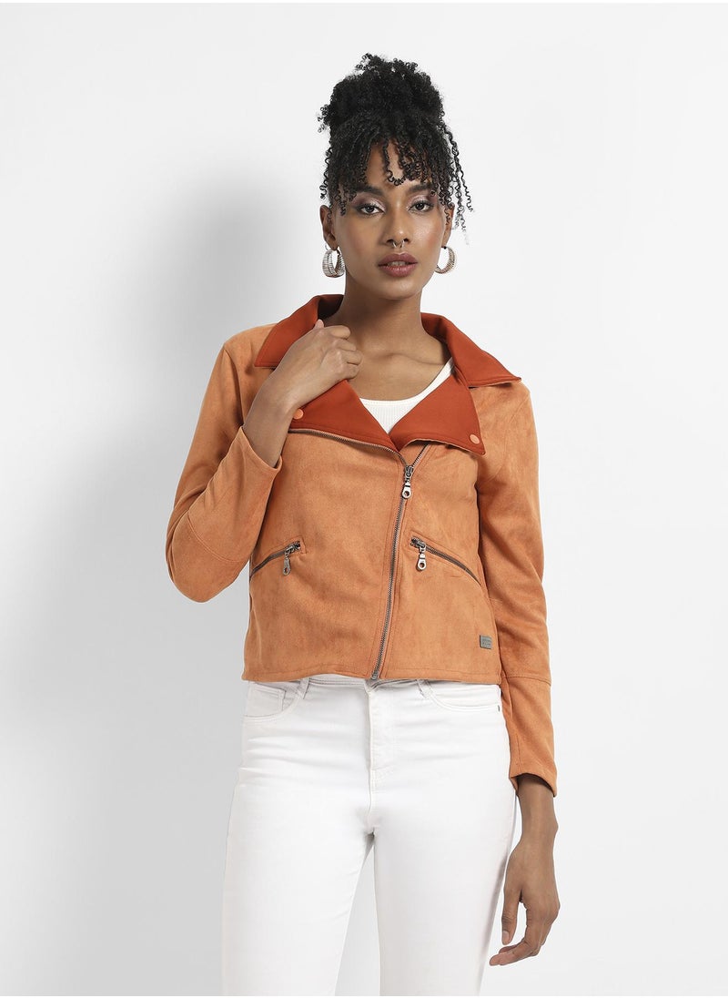 Women's Brown Zip-Front Biker Jacket With Contrast Collar