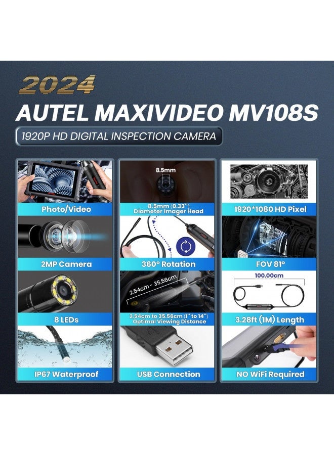 Autel Maxivideo Mv108S Digital Inspection Camera, 2023 Newer Of Mv108, 8.5Mm Usb Industrial Endoscope Ip67 Waterproof, 1920P Hd Borescope Camera 39.37'' Flexible Cord Snake Camera Tools And Pieces