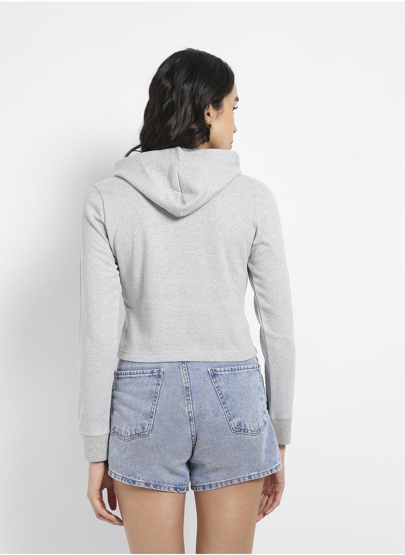 Women's Light Grey Pullover Hoodie With Contrast Drawstrings