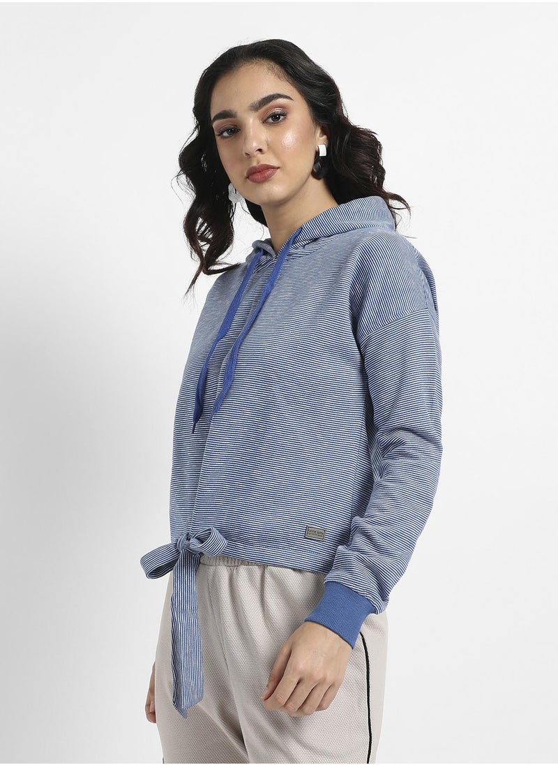 Women's Blue Striped Hoodie With Tie-Up Waist