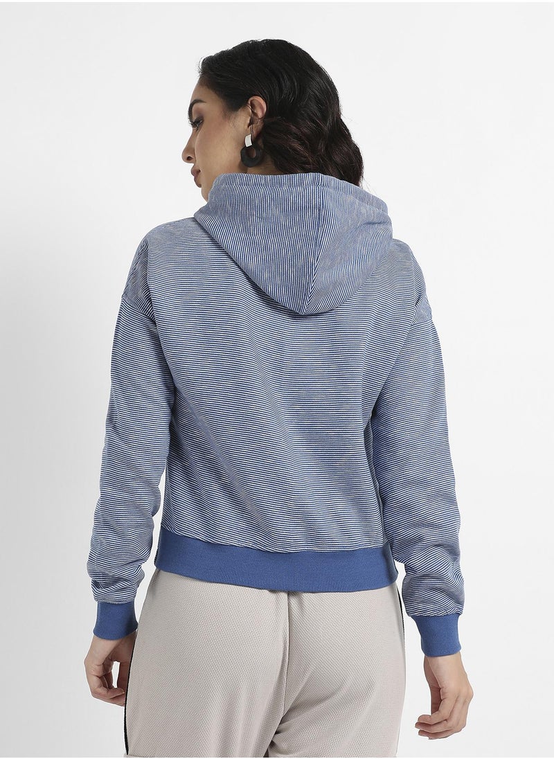 Women's Blue Striped Hoodie With Tie-Up Waist