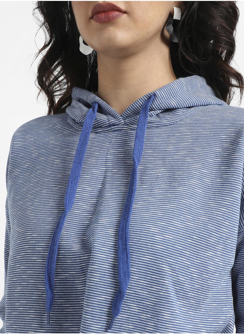 Women's Blue Striped Hoodie With Tie-Up Waist