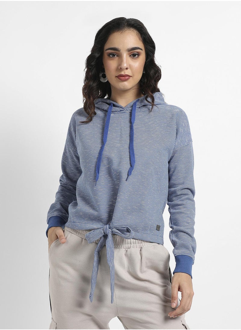 Women's Blue Striped Hoodie With Tie-Up Waist