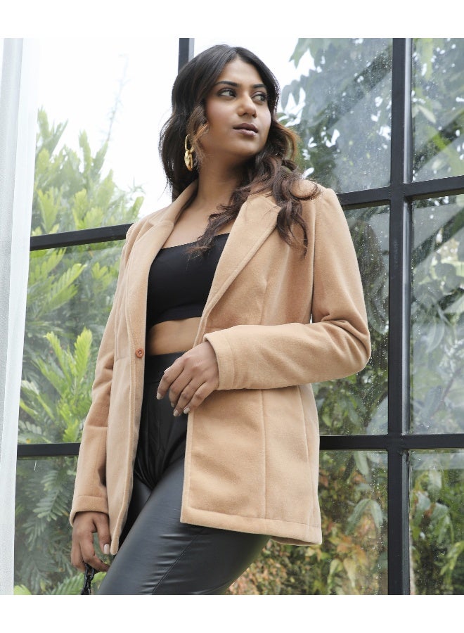 Women's Beige Solid Single-Breasted Blazer