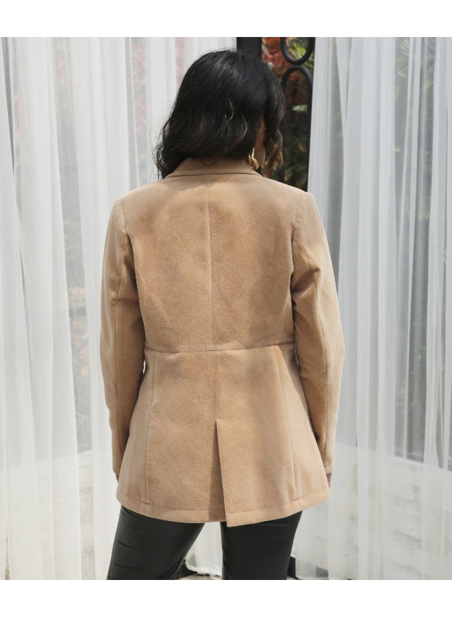 Women's Beige Solid Single-Breasted Blazer