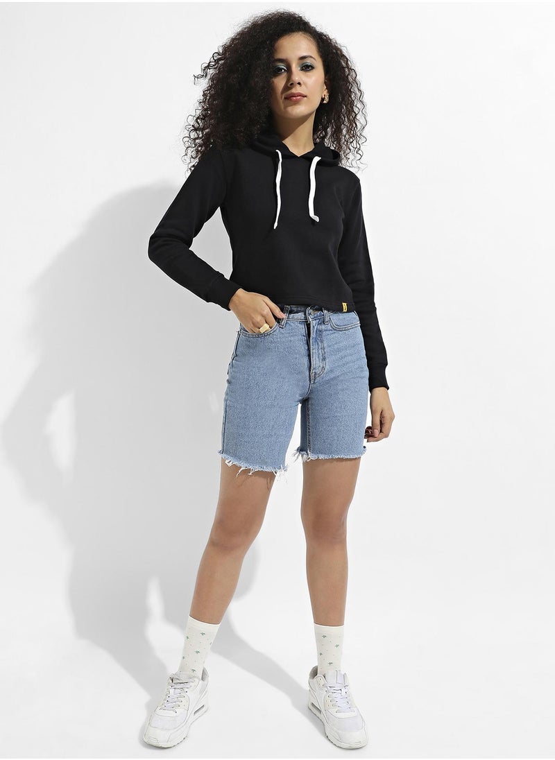 Women's Black Zip-Front Cropped Hoodie With Contrast Drawstring