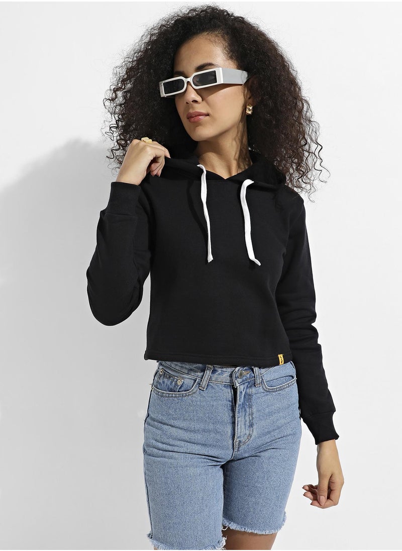 Women's Black Zip-Front Cropped Hoodie With Contrast Drawstring