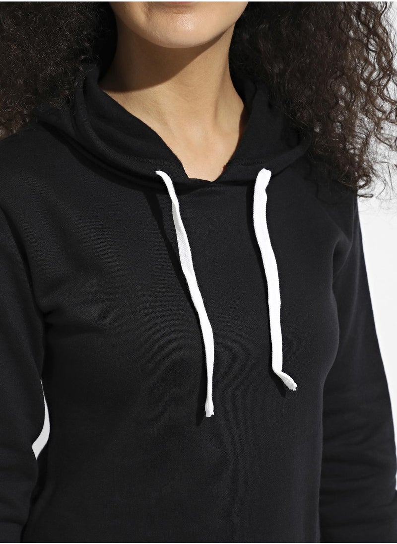 Women's Black Zip-Front Cropped Hoodie With Contrast Drawstring