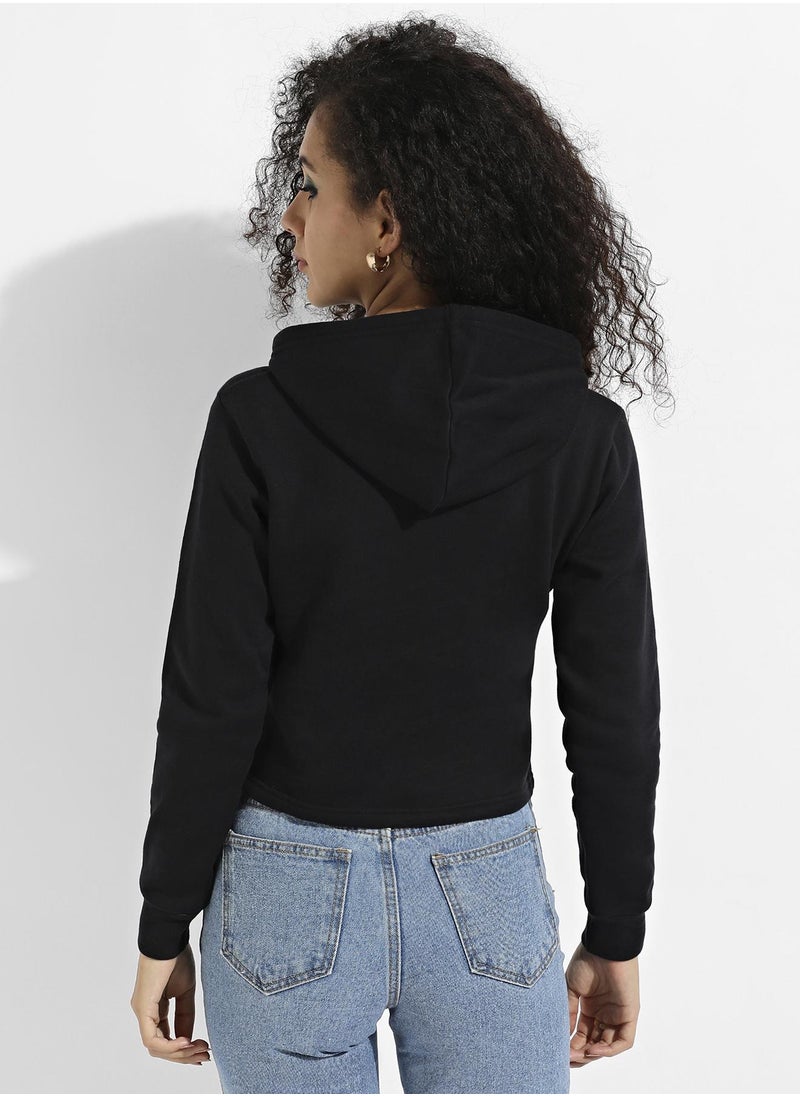 Women's Black Zip-Front Cropped Hoodie With Contrast Drawstring