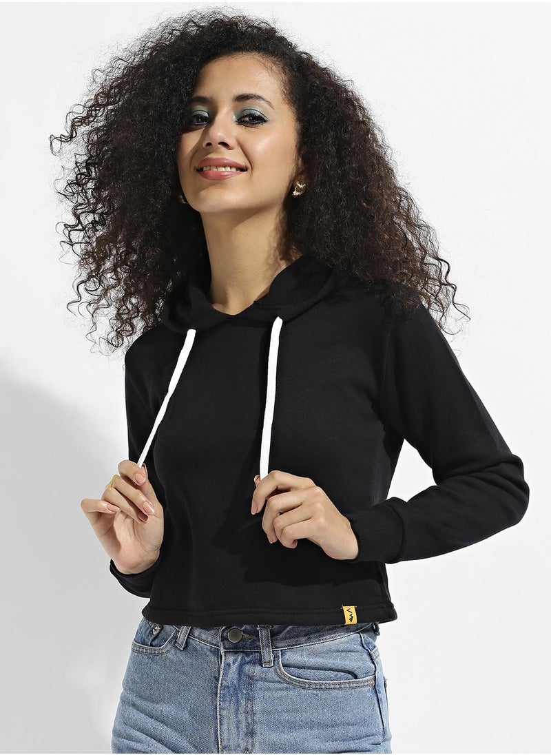 Women's Black Zip-Front Cropped Hoodie With Contrast Drawstring