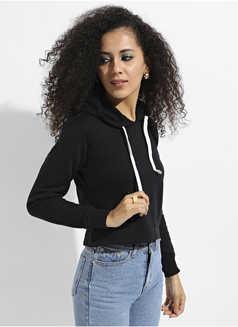 Women's Black Zip-Front Cropped Hoodie With Contrast Drawstring